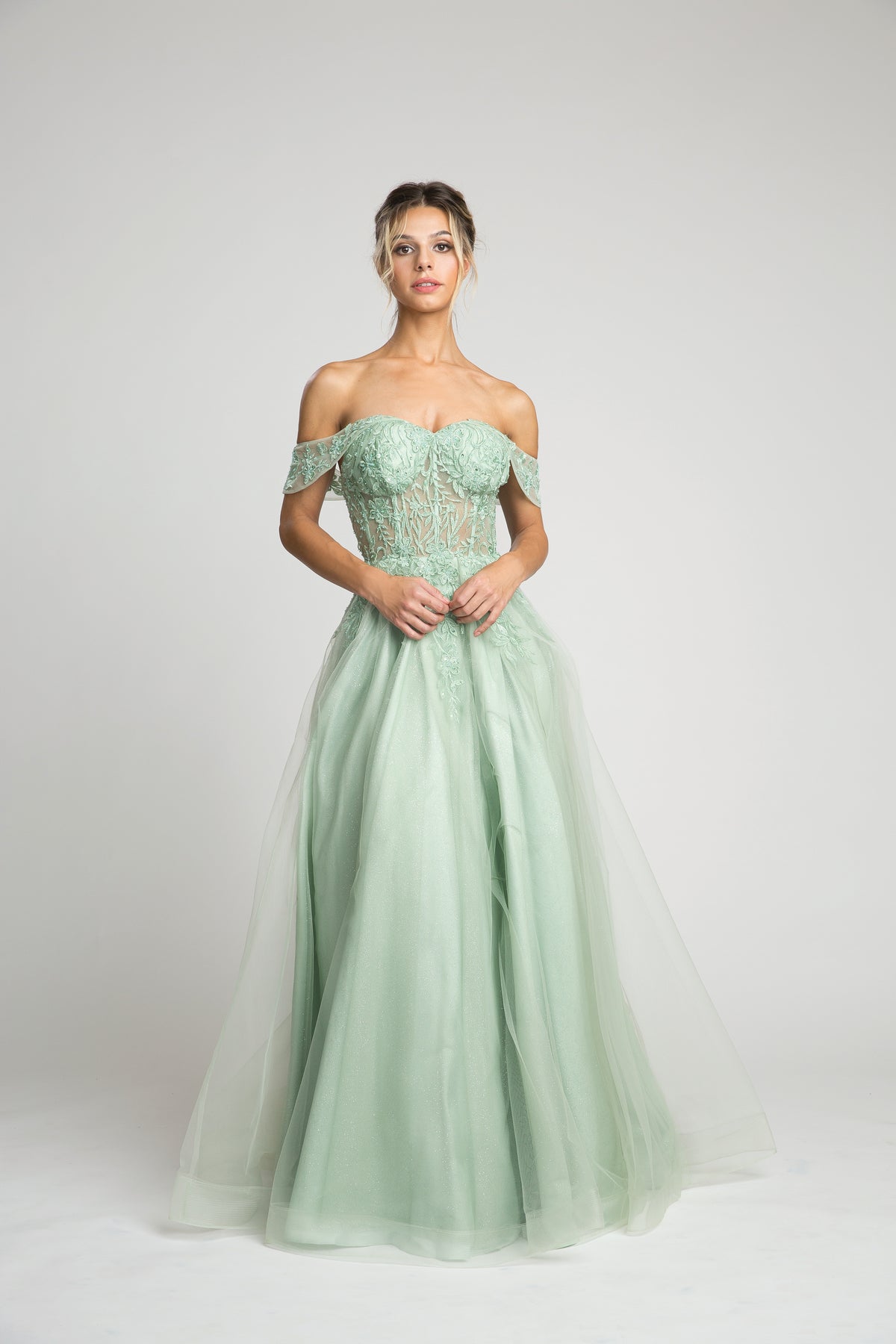 Fiesta 10304 Off Shoulder Shimmering Lace Embroidered Dress - NORMA REED