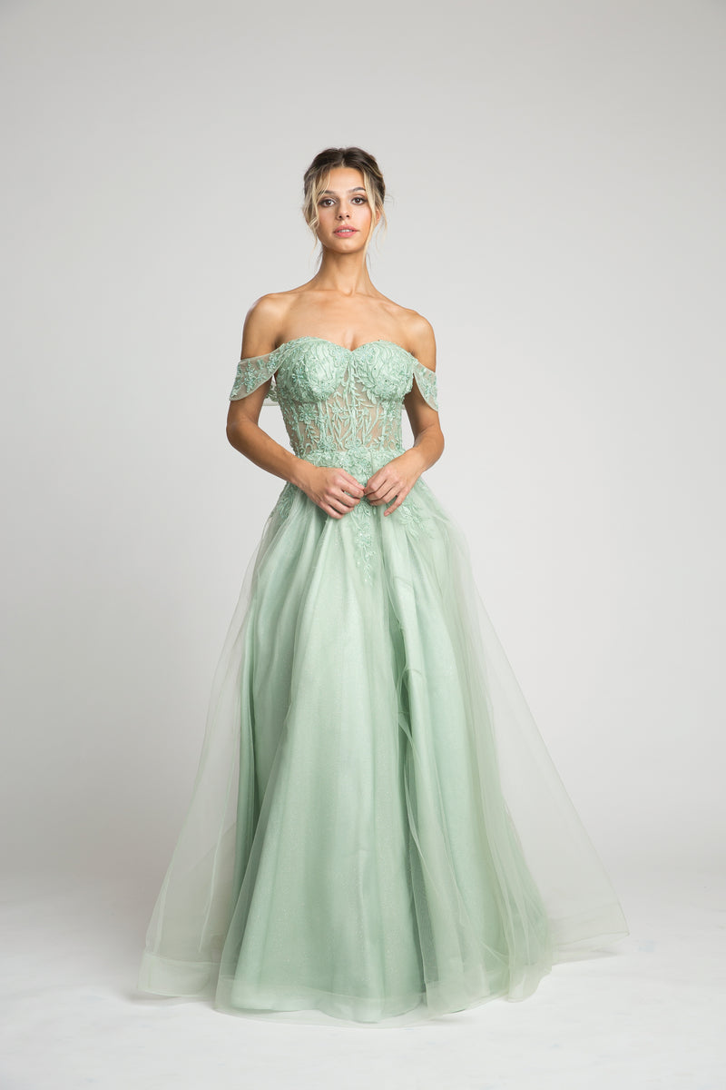 Fiesta 10304 Off Shoulder Shimmering Lace Embroidered Dress - NORMA REED