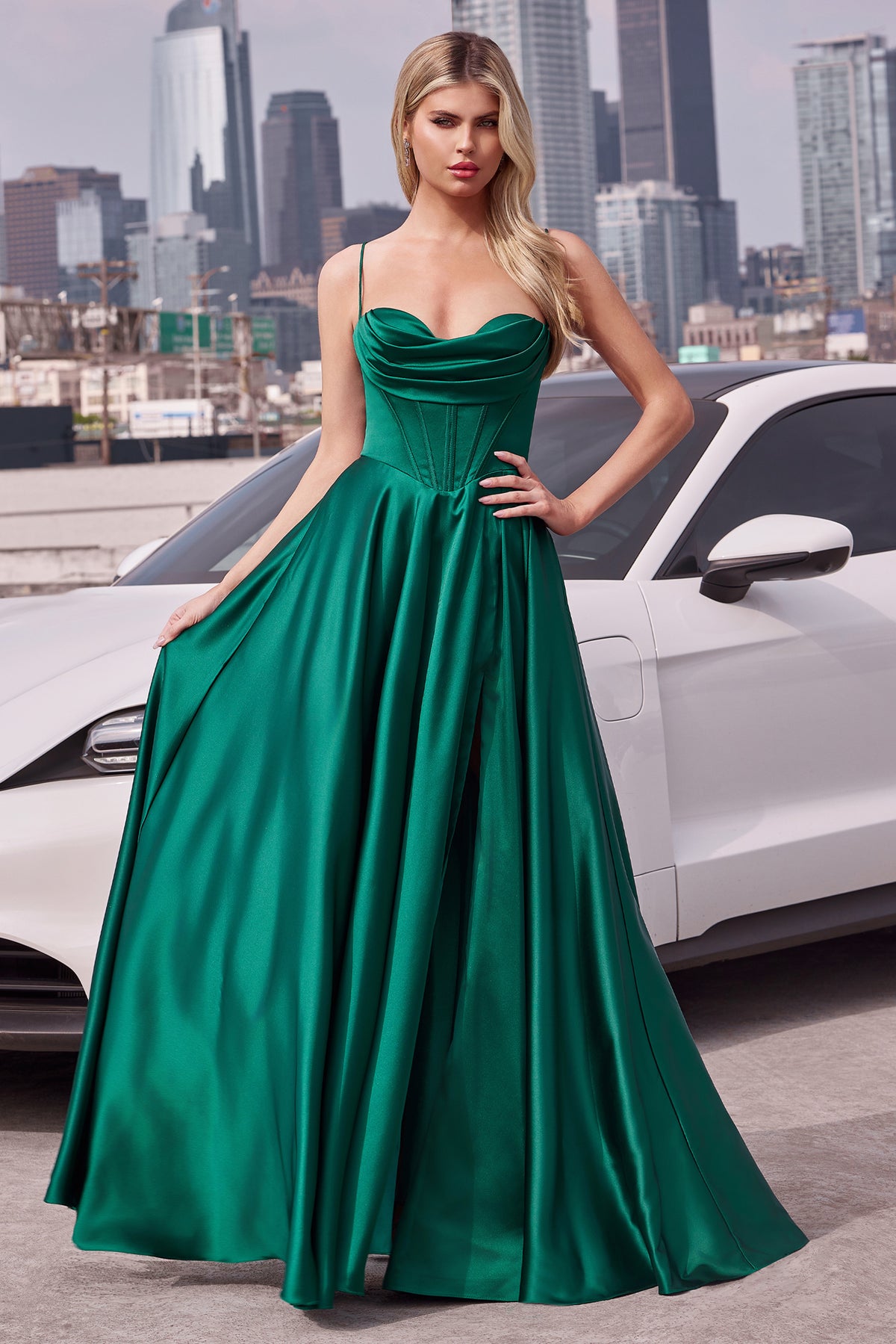 Ladivine 7481 Slit Leg Satin Corset Dress - NORMA REED