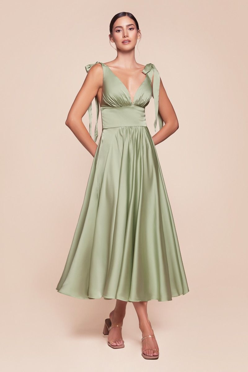 Ladivine 7499 Tea Length A Line Soft Satin Dress - NORMA REED
