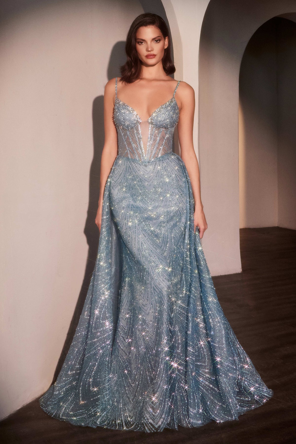Ladivine C167 Glitter Printed Fitted Dress with Overskirt - NORMA REED