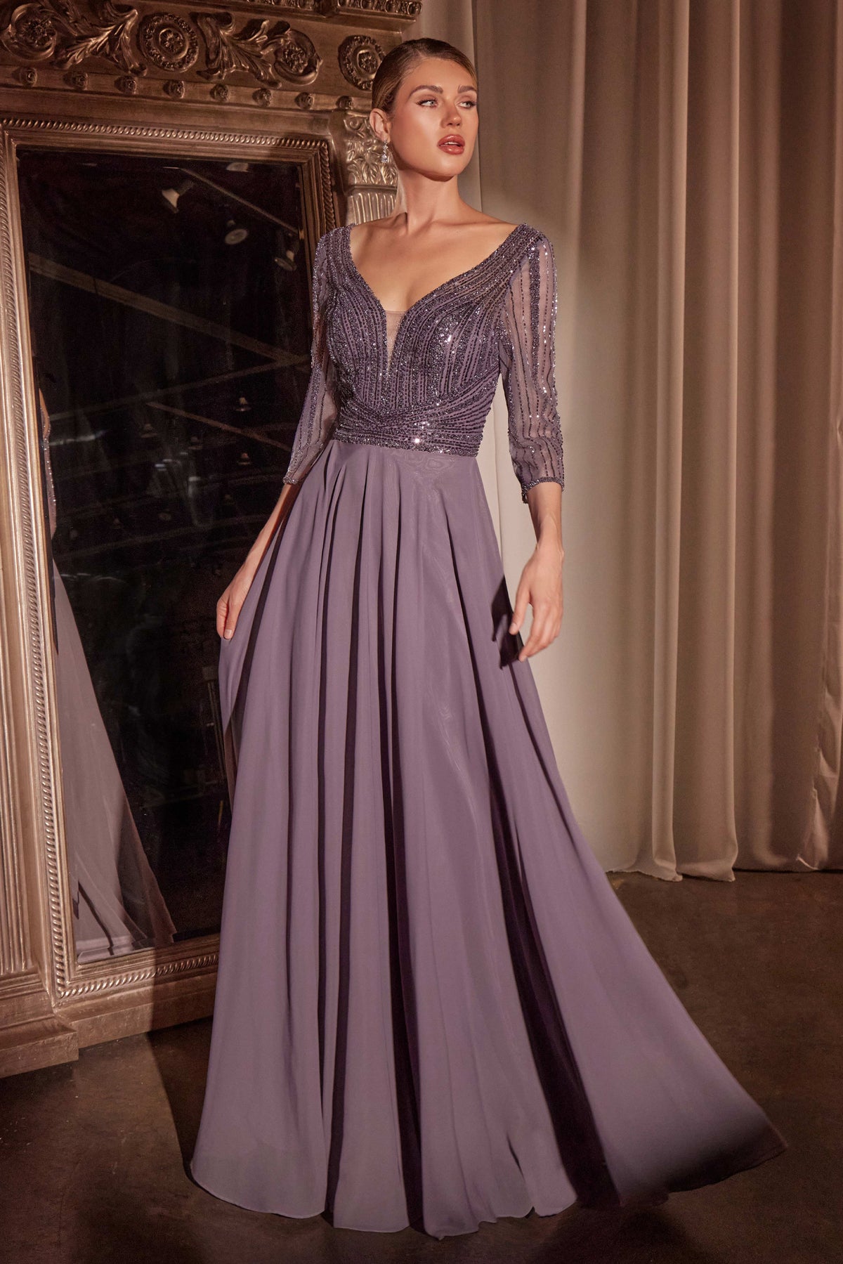 Ladivine CC446 Three Quarter Sleeve Beaded Chiffon Dress - NORMA REED