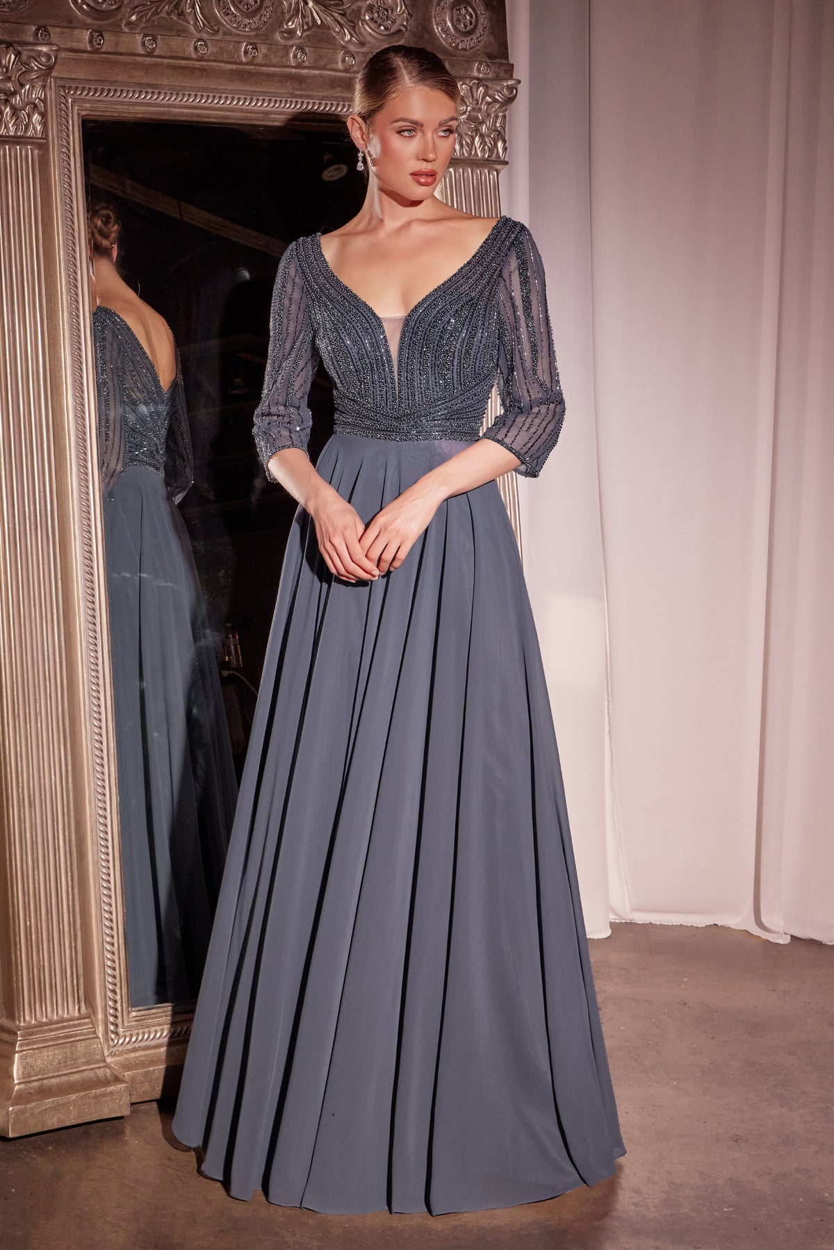 Ladivine CC446 Three Quarter Sleeve Beaded Chiffon Dress - NORMA REED