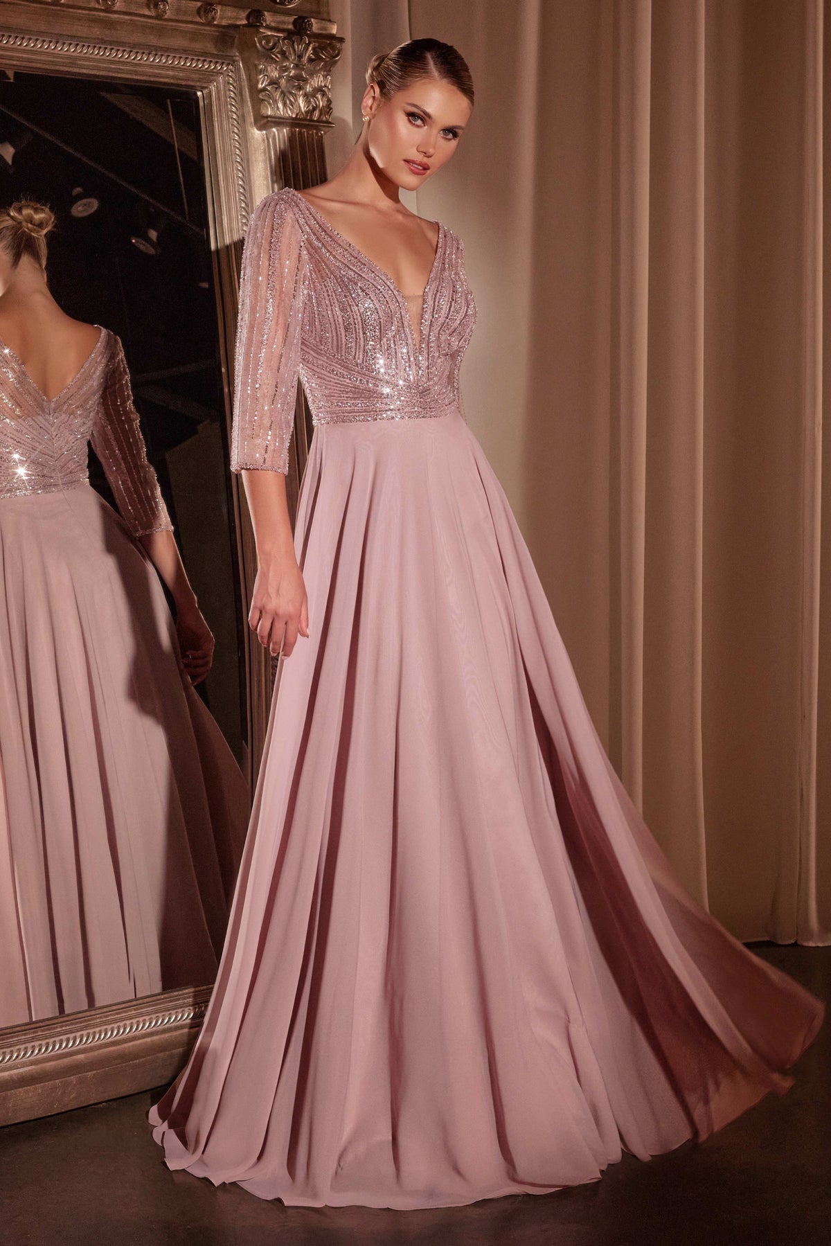 Ladivine CC446 Three Quarter Sleeve Beaded Chiffon Dress - NORMA REED