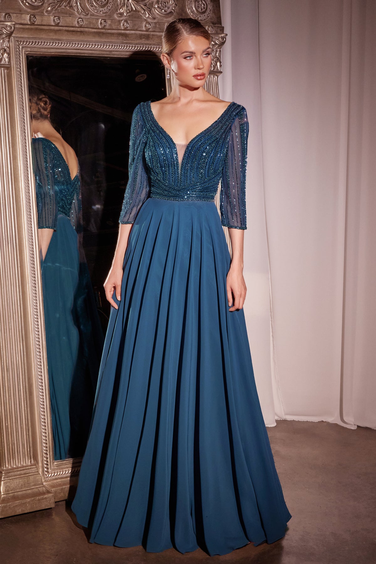 Ladivine CC446 Three Quarter Sleeve Beaded Chiffon Dress - NORMA REED