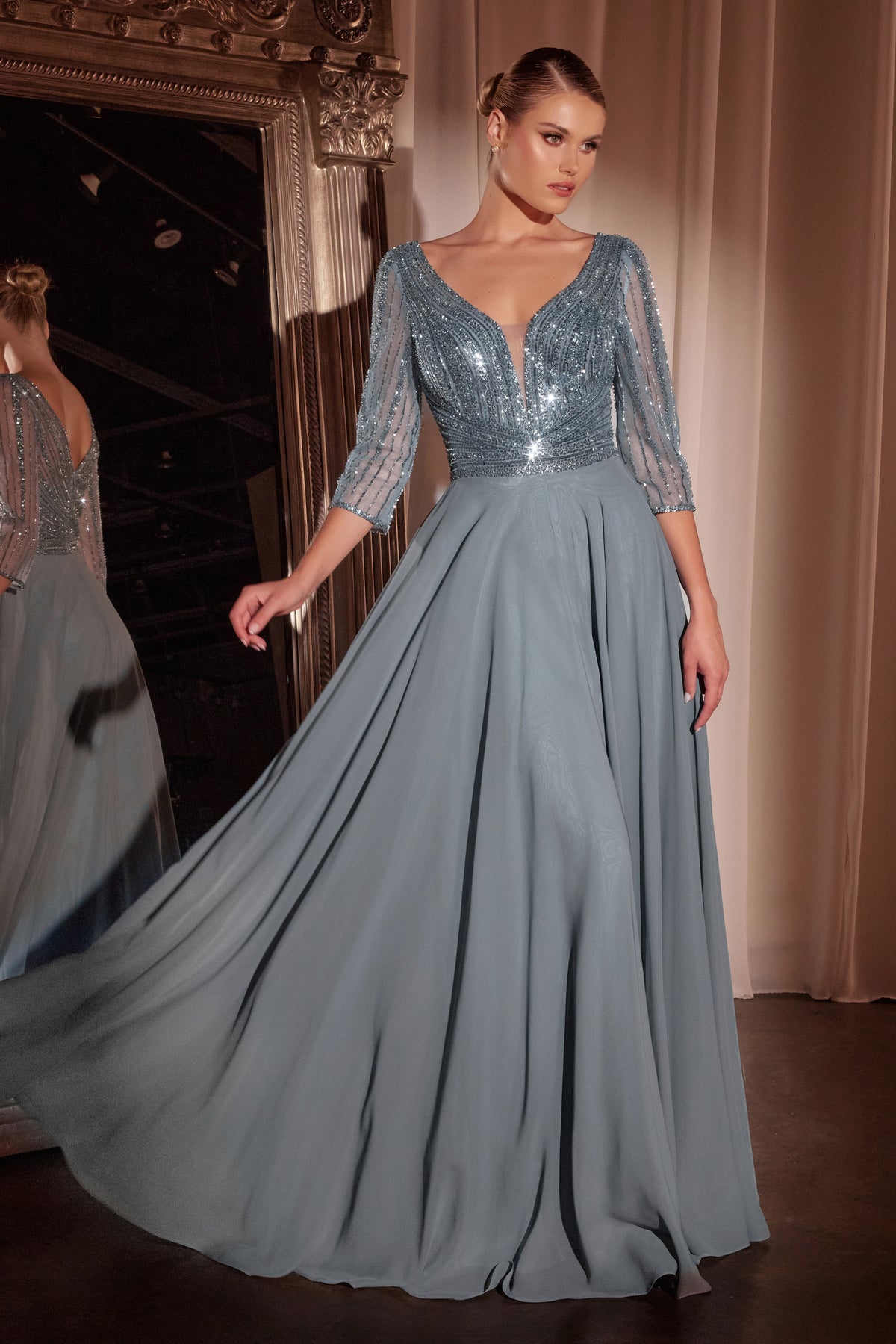 Ladivine CC446 Three Quarter Sleeve Beaded Chiffon Dress - NORMA REED