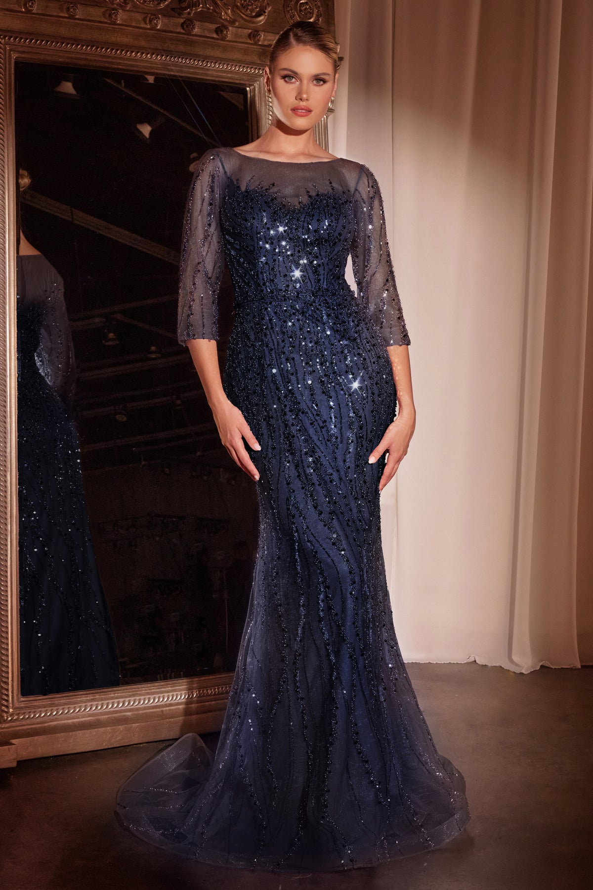 Ladivine CD0105 Long Sleeve Sequin Mermaid Gown - NORMA REED