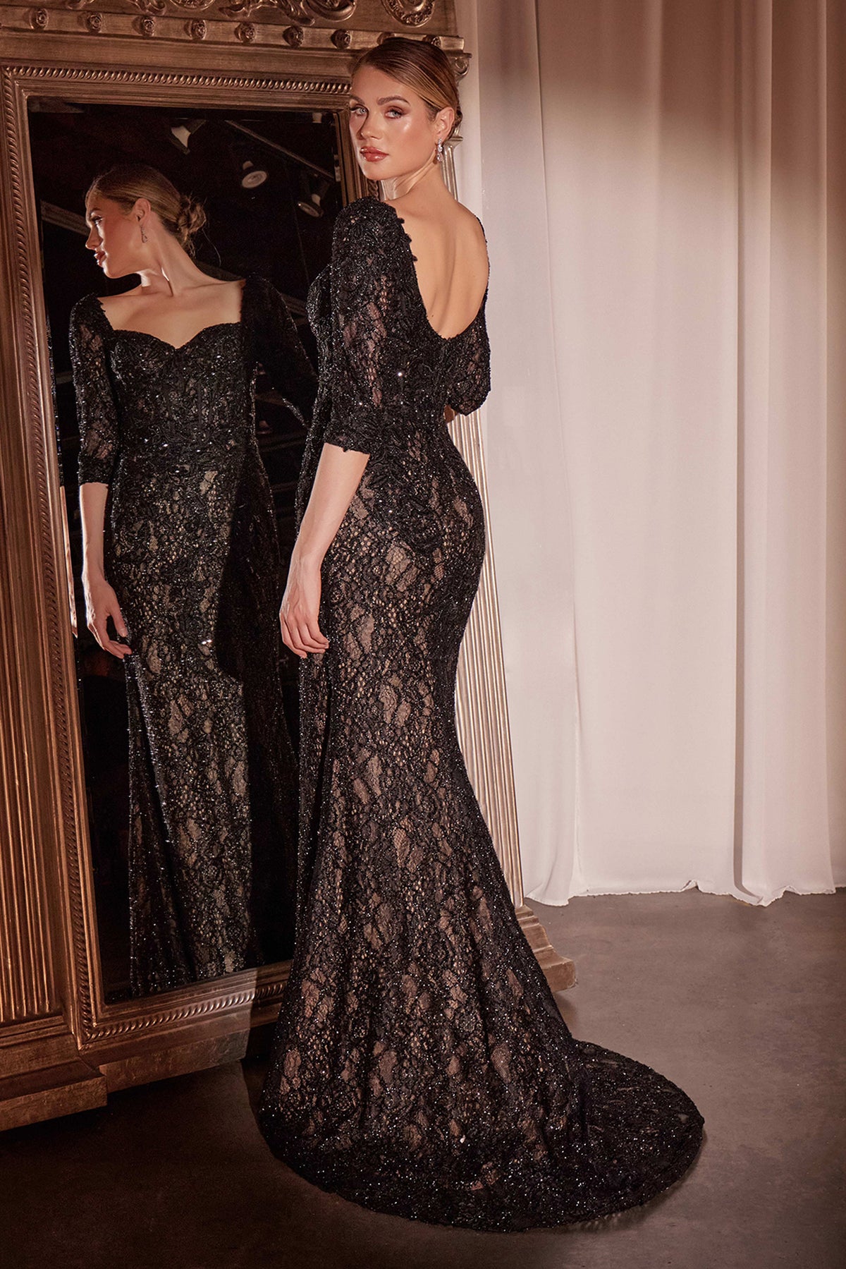 Ladivine CD749 Long Sleeve Lace Fitted Dress with Overskirt - NORMA REED