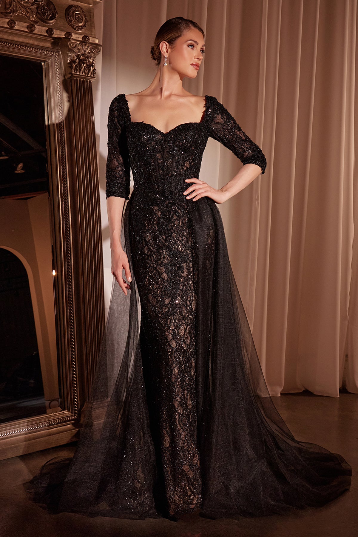 Ladivine CD749 Long Sleeve Lace Fitted Dress with Overskirt - NORMA REED