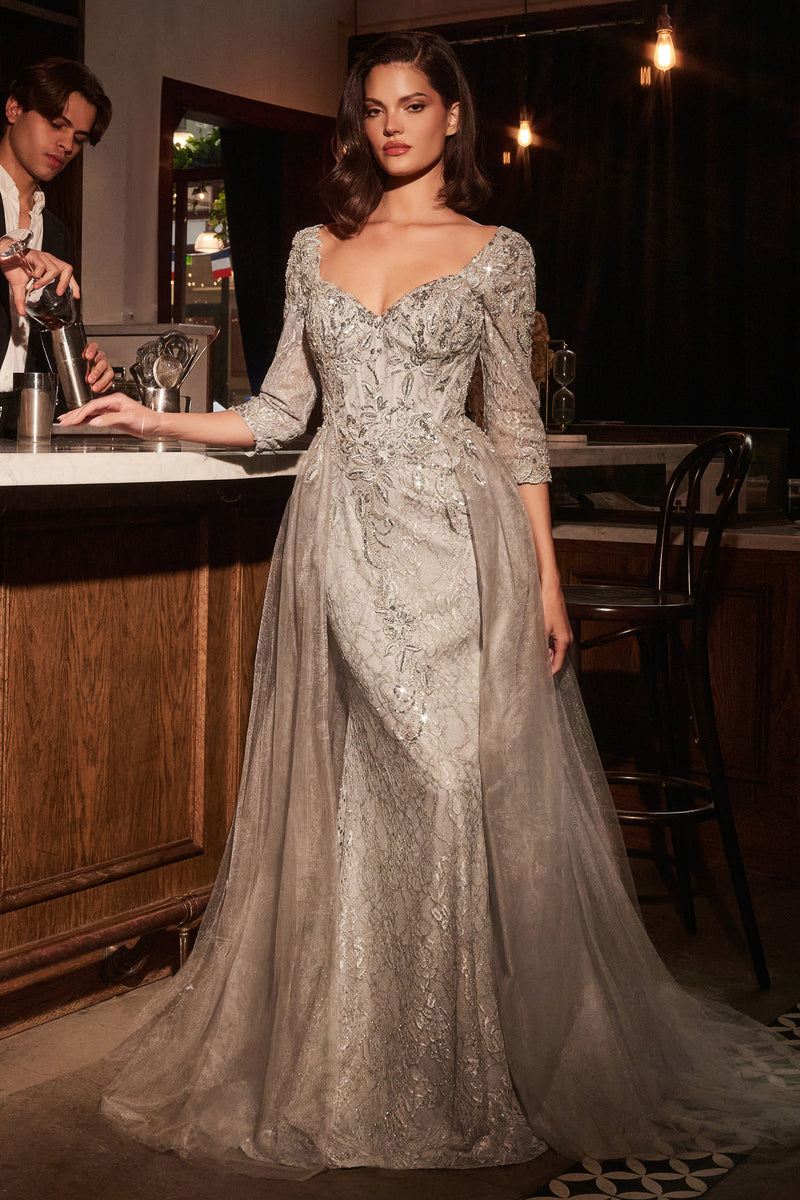 Ladivine CD749 Long Sleeve Lace Fitted Dress with Overskirt - NORMA REED