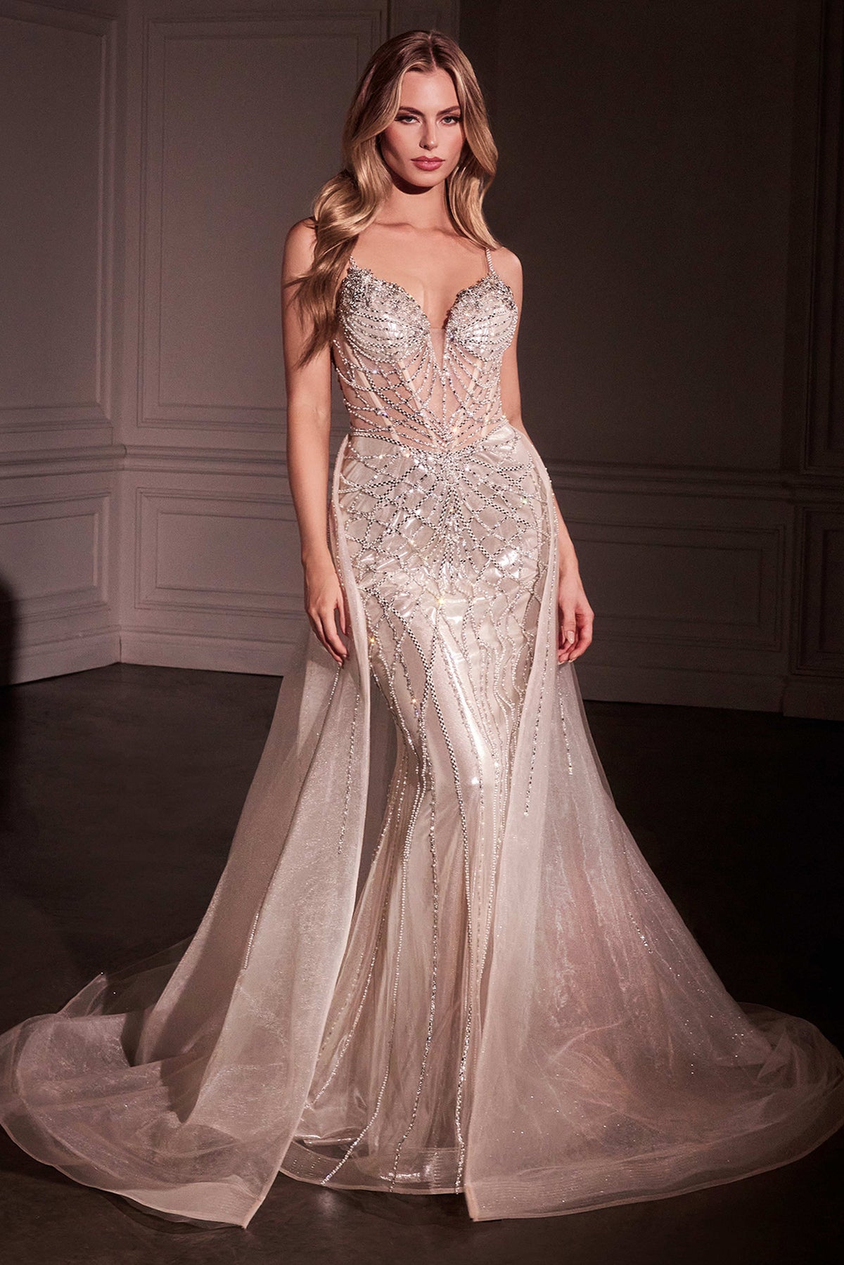 Ladivine CD763 Crystal Embroidered Overskirt Gown - NORMA REED