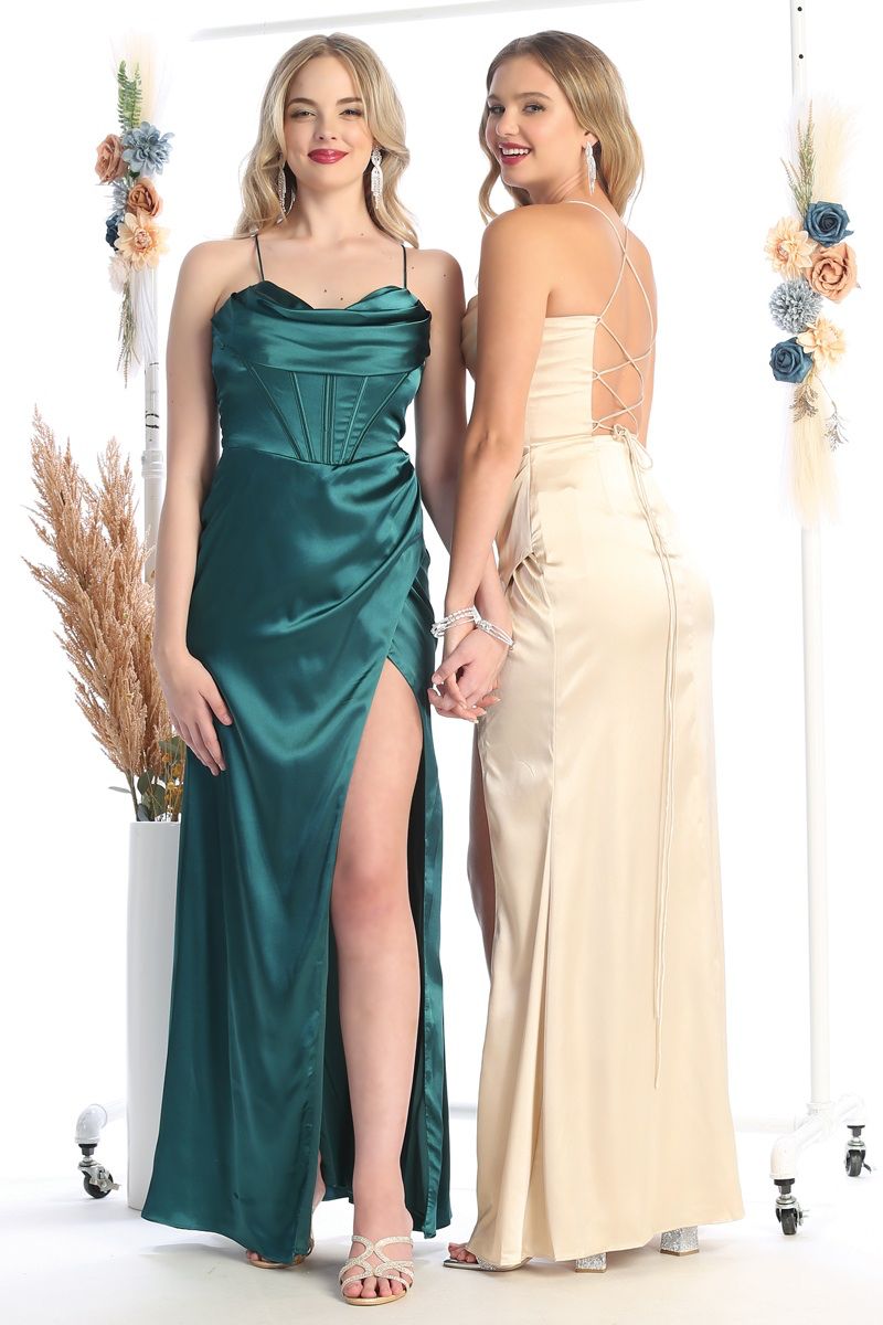 Cindy Collection 1755 Satin Slit Leg Corset Dress - NORMA REED