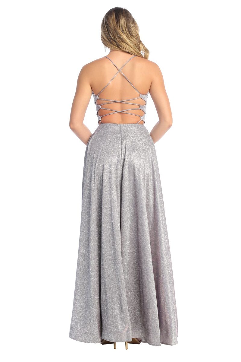 Cindy Collection 1774 Slit Leg Sparkling A Line Dress with Pockets - NORMA REED