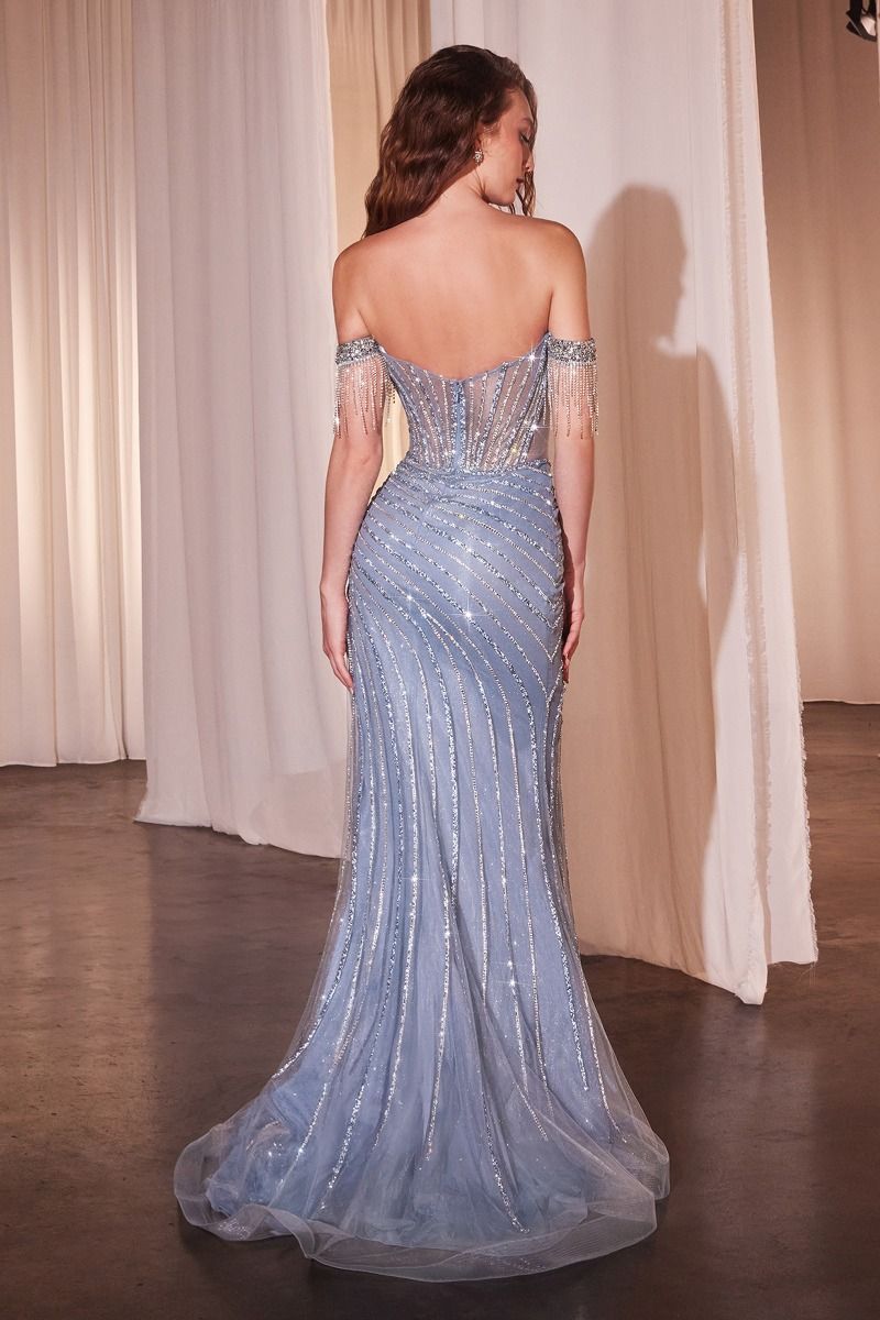 Cinderella Divine CD848 Ladivine Platinum Sequin & Stone Off Shoulder Dress - NORMA REED