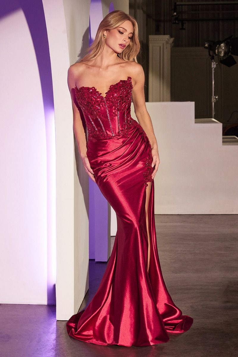 Ladivine KV1116 Fitted Strapless Satin Lace Dress - NORMA REED
