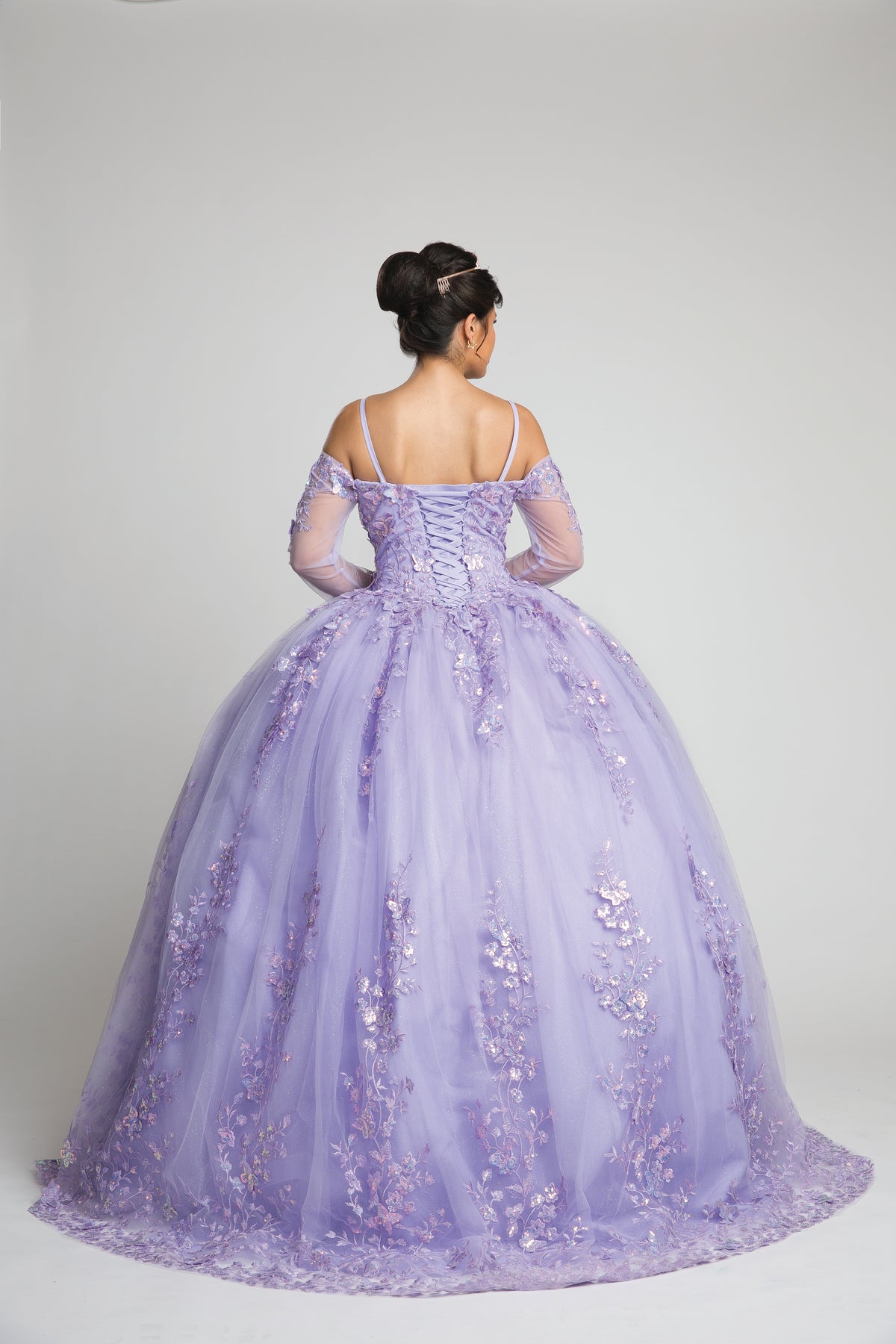 Fiesta 10309 Lilac Lace Embroidered Ball Gown with Sleeves