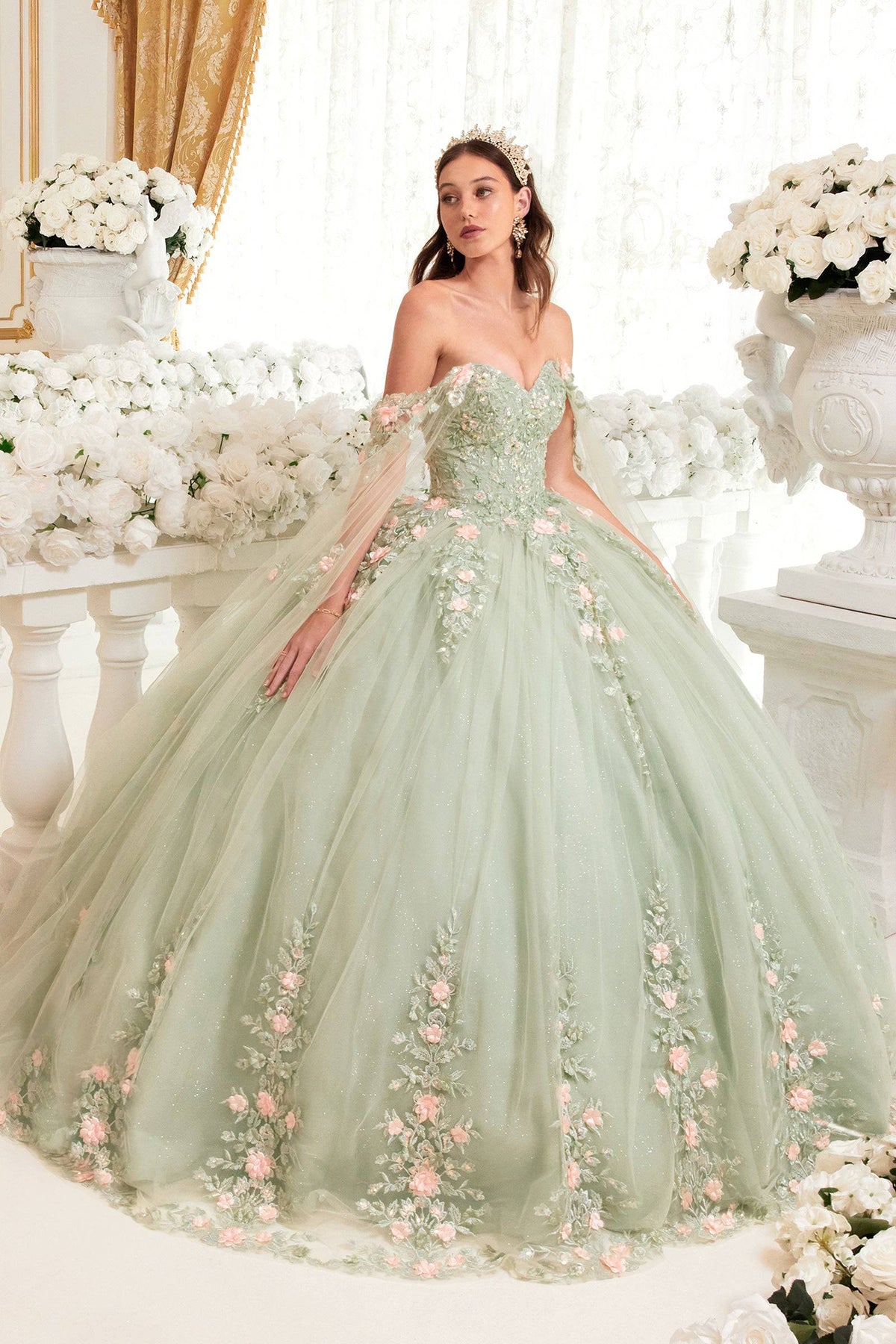 Cinderella Divine 15716 Ladivine Sage & Floral Blush Ball Gown Quinceanera Dress - NORMA REED