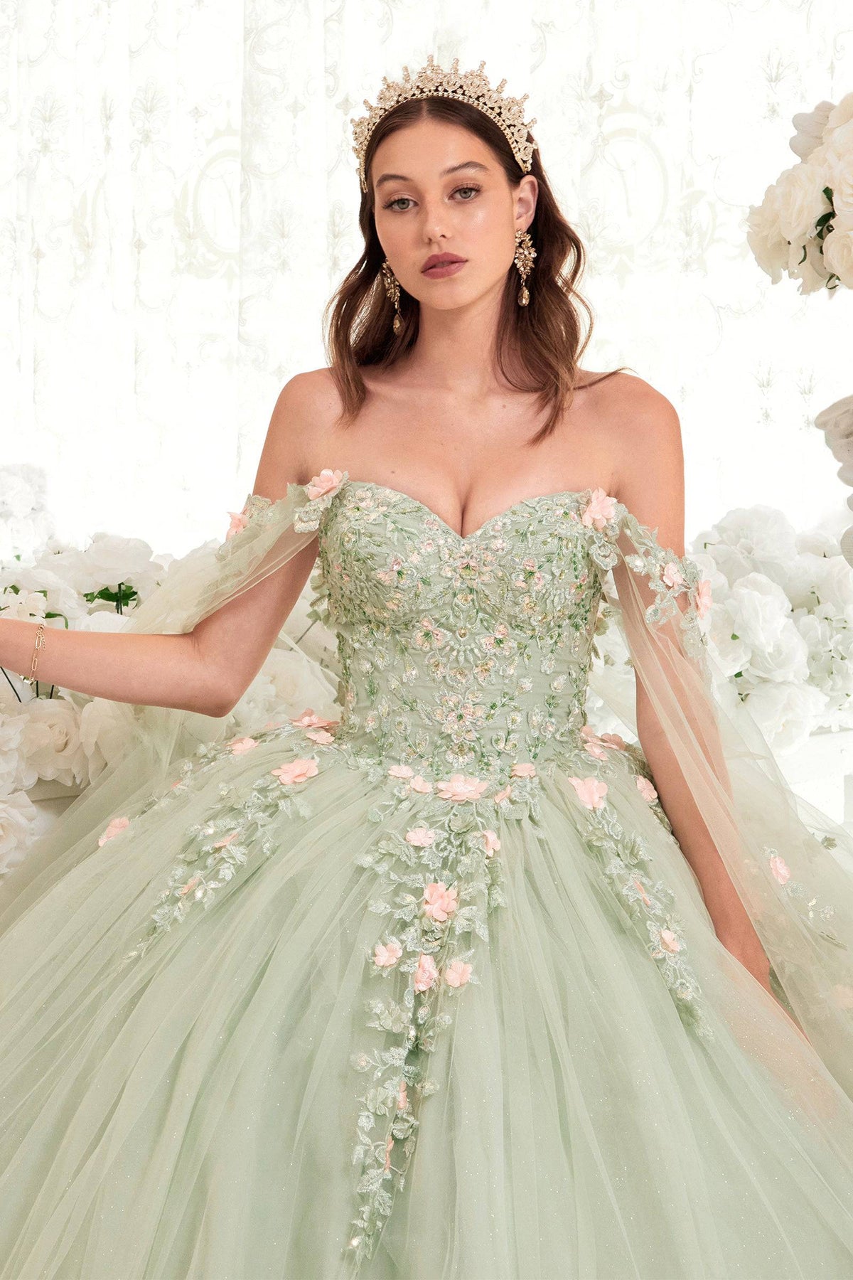 Cinderella Divine 15716 Ladivine Sage & Floral Blush Ball Gown Quinceanera Dress - NORMA REED