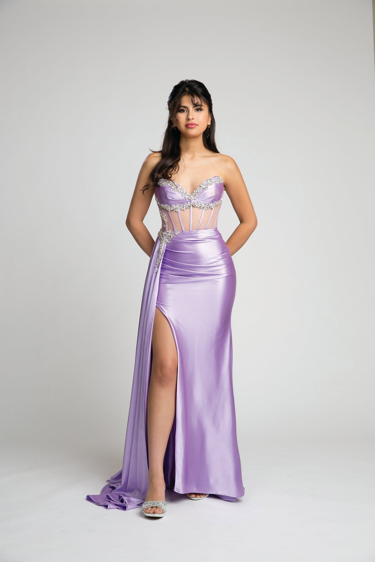 Fiesta 67094 Satin Crystal Slit Leg Dress