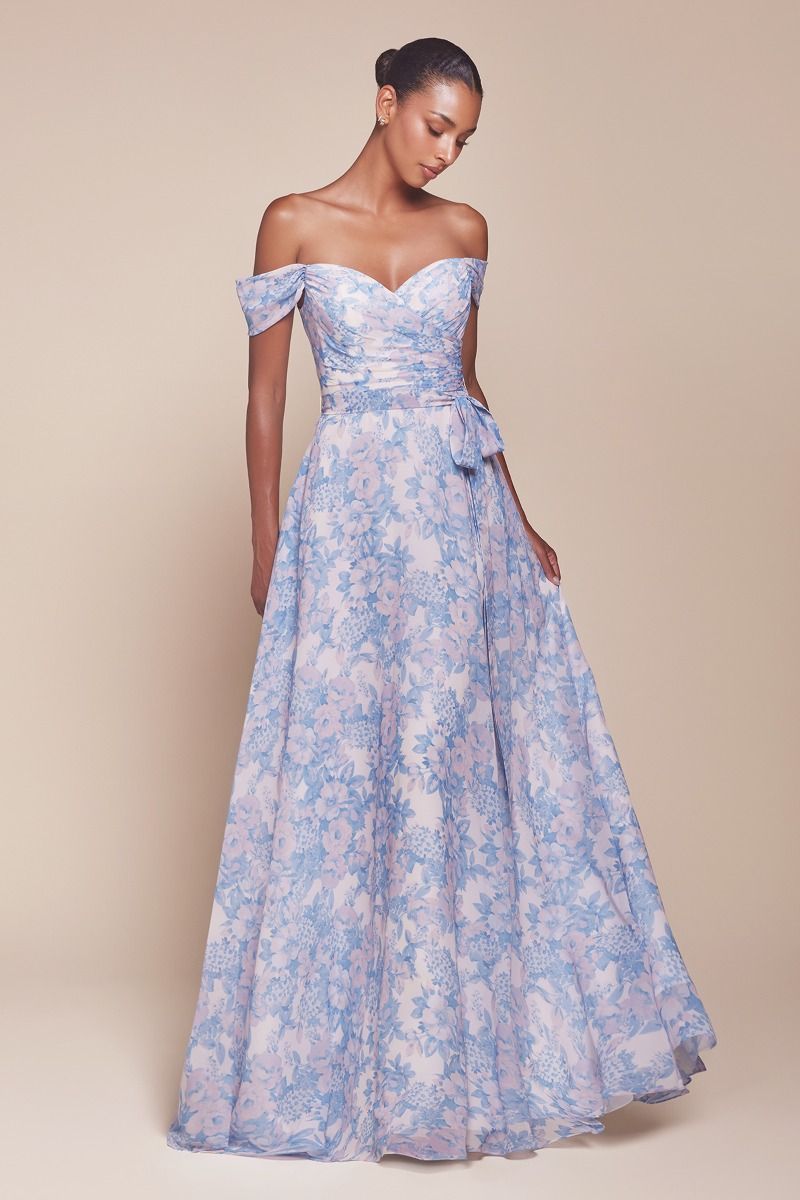 Ladivine 7441 Off Shoulder Satin Floral Printed A Line Dress - NORMA REED