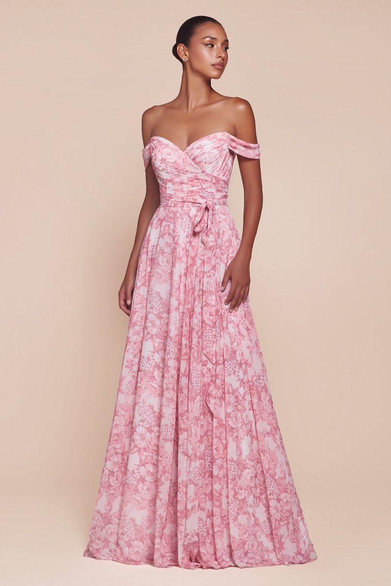 Ladivine 7441 Off Shoulder Satin Floral Printed A Line Dress - NORMA REED