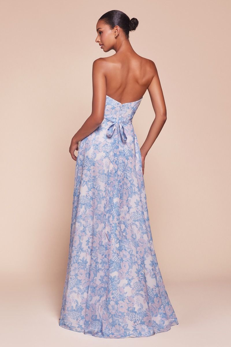 Ladivine 7443 Strapless A Line Floral Printed Satin Dress - NORMA REED