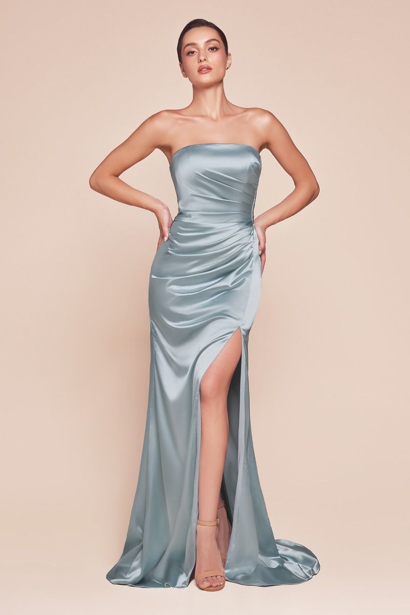 Ladivine 7451 Ruched Strapless Luxe Satin Dress & Sash - NORMA REED