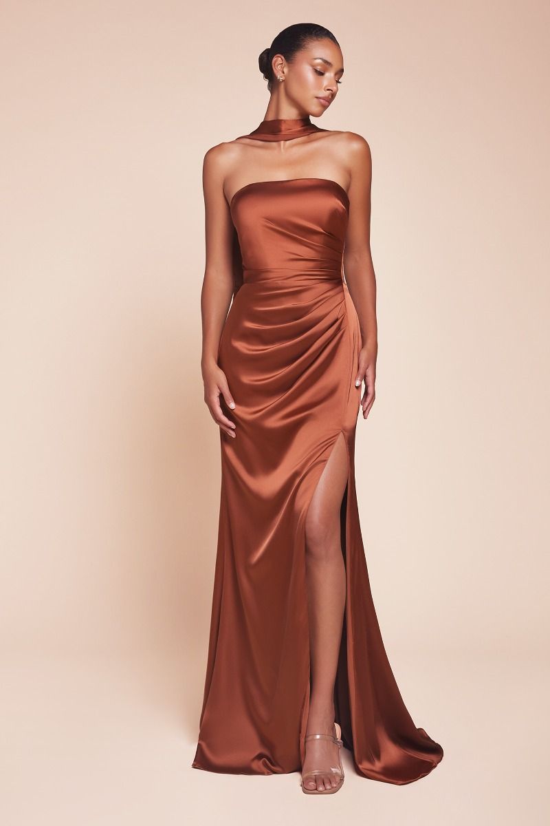 Ladivine 7451 Ruched Strapless Luxe Satin Dress & Sash - NORMA REED