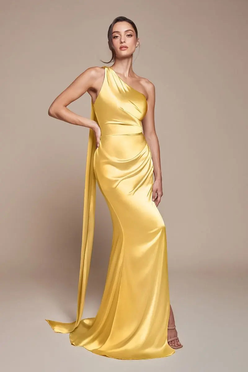 Ladivine 7454 One Shoulder Luxe Satin Fitted Gown