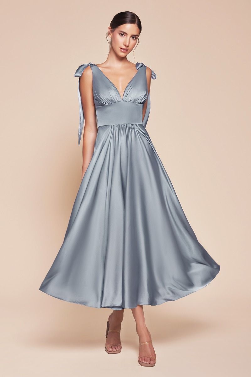 Ladivine 7499 Tea Length A Line Soft Satin Dress - NORMA REED