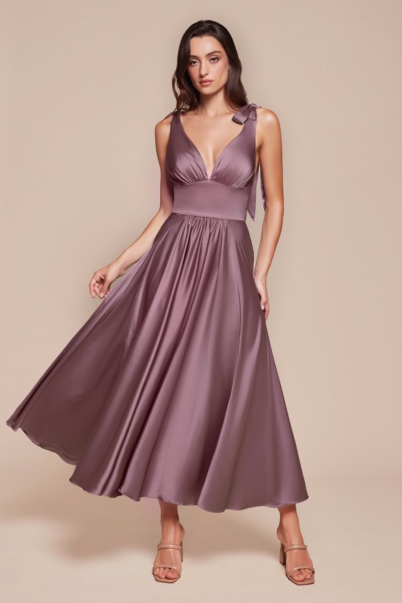 Ladivine 7499 Tea Length A Line Soft Satin Dress - NORMA REED