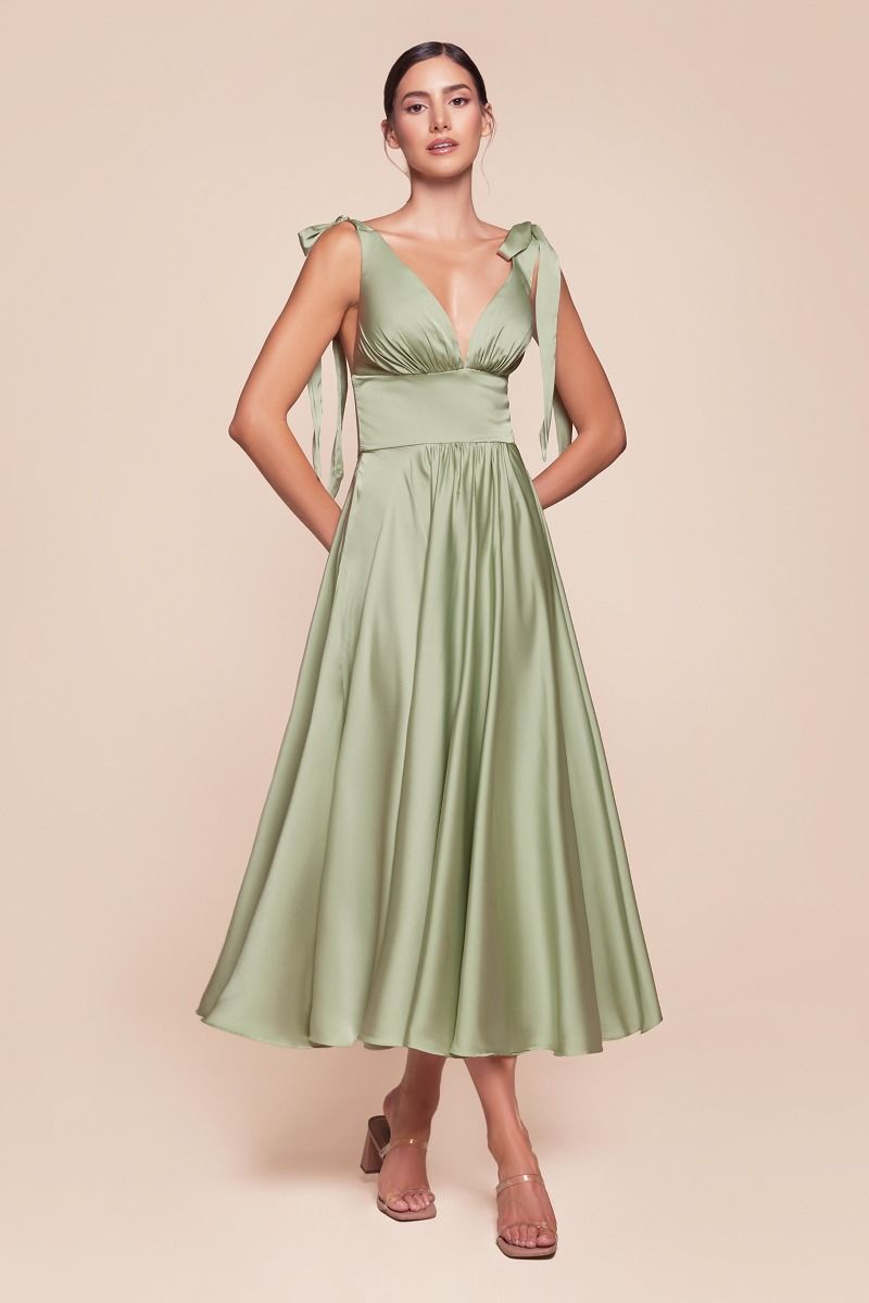 Ladivine 7499 Tea Length A Line Soft Satin Dress - NORMA REED