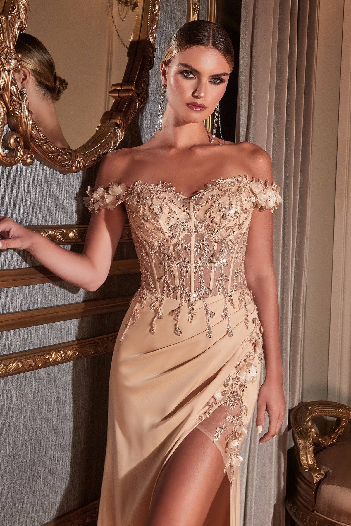 Cinderella Divine CD0186 Ladivine Off Shoulder Corset Slit Leg Dress - NORMA REED