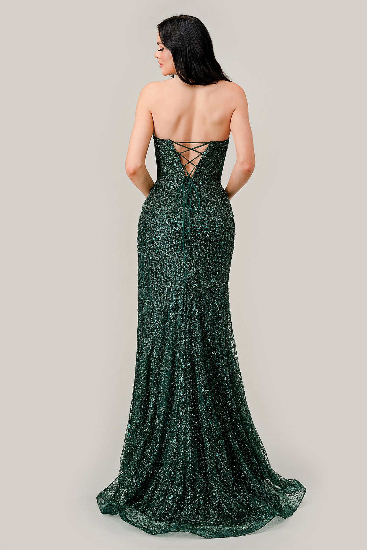 Ladivine CD0233 Sparkling Strapless Beaded Emerald Dress