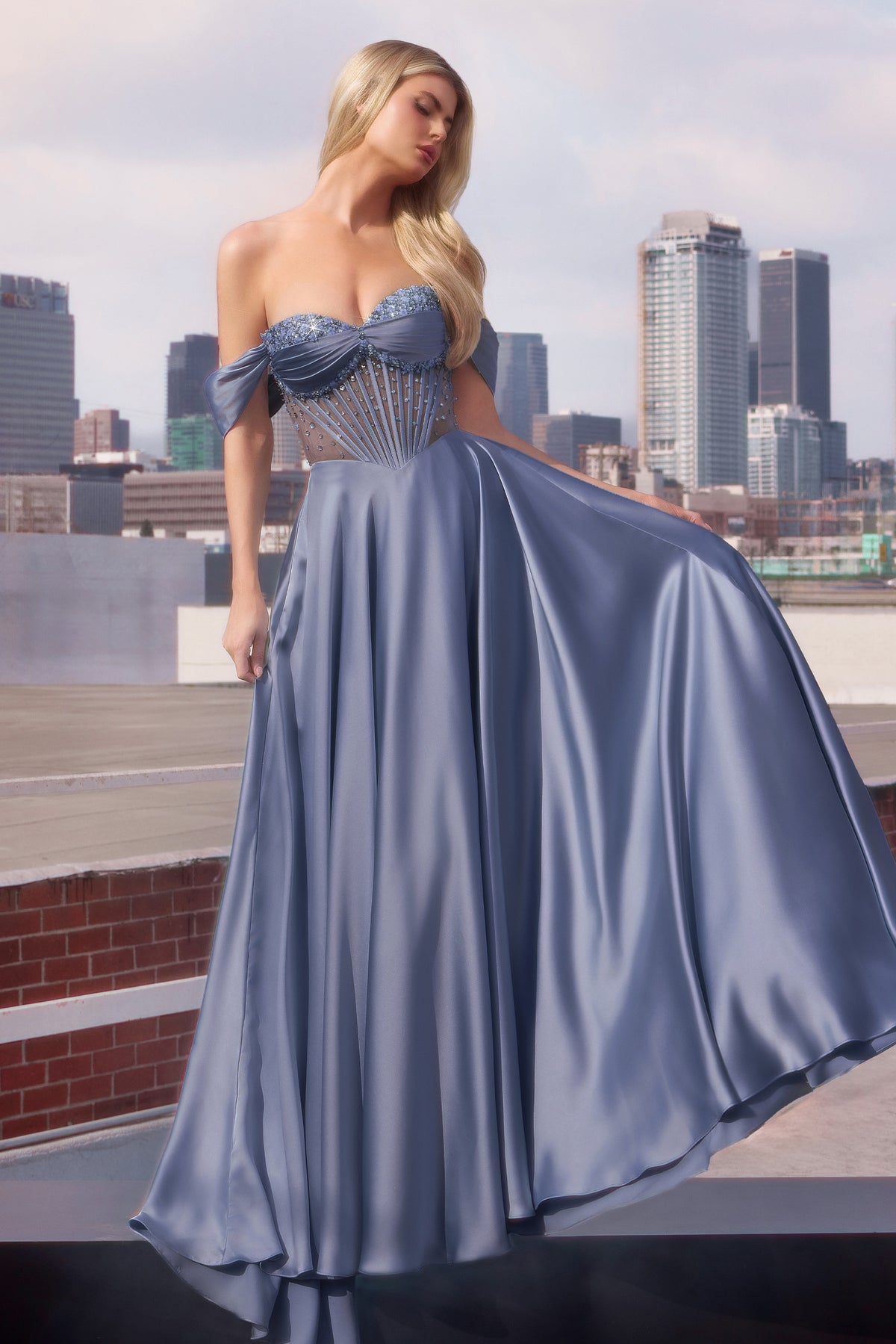 Ladivine CD297 Strapless Crystal Beaded Satin A Line Dress