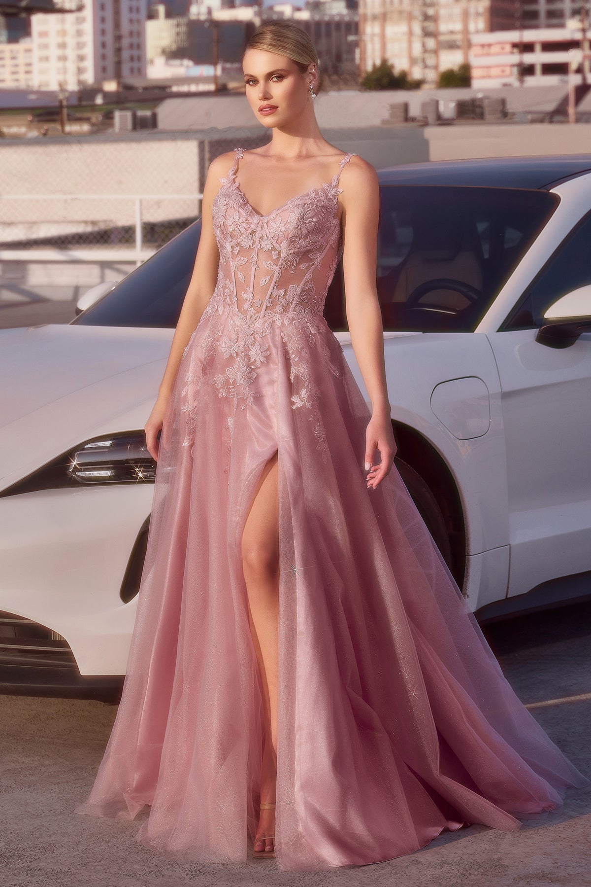 Ladivine CDS533 Mauve A Line Layered Tulle Gown