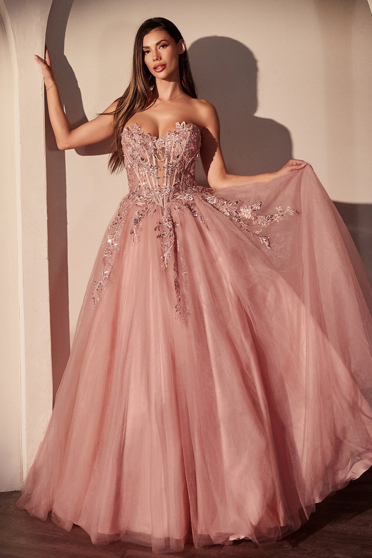 Ladivine CDS536 Strapless Pink Floral Ball Gown