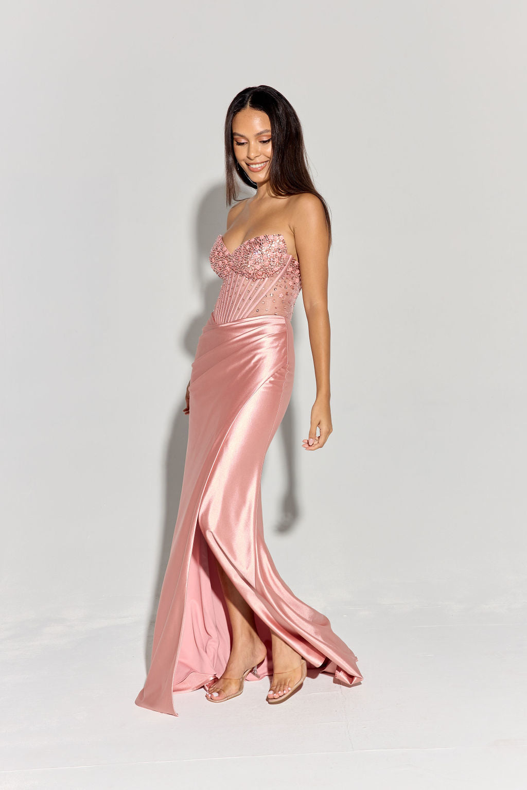 Eureka EK183 Strapless Slit Leg Sparkling Crystal Satin Dress