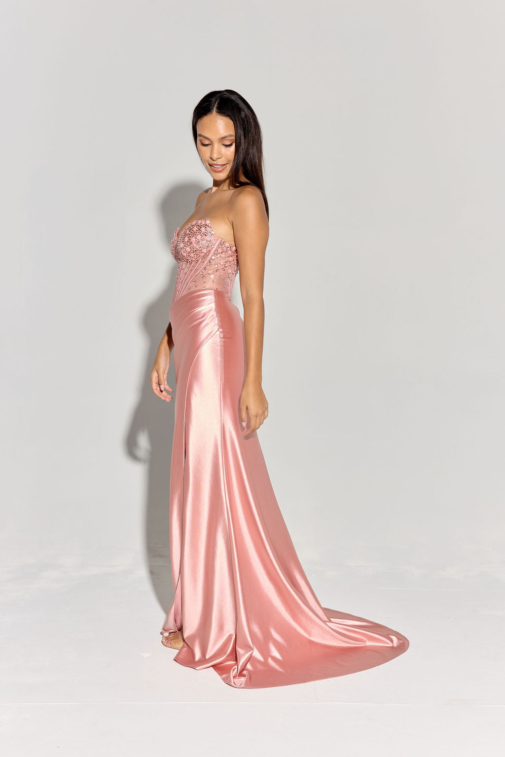 Eureka EK183 Strapless Slit Leg Sparkling Crystal Satin Dress