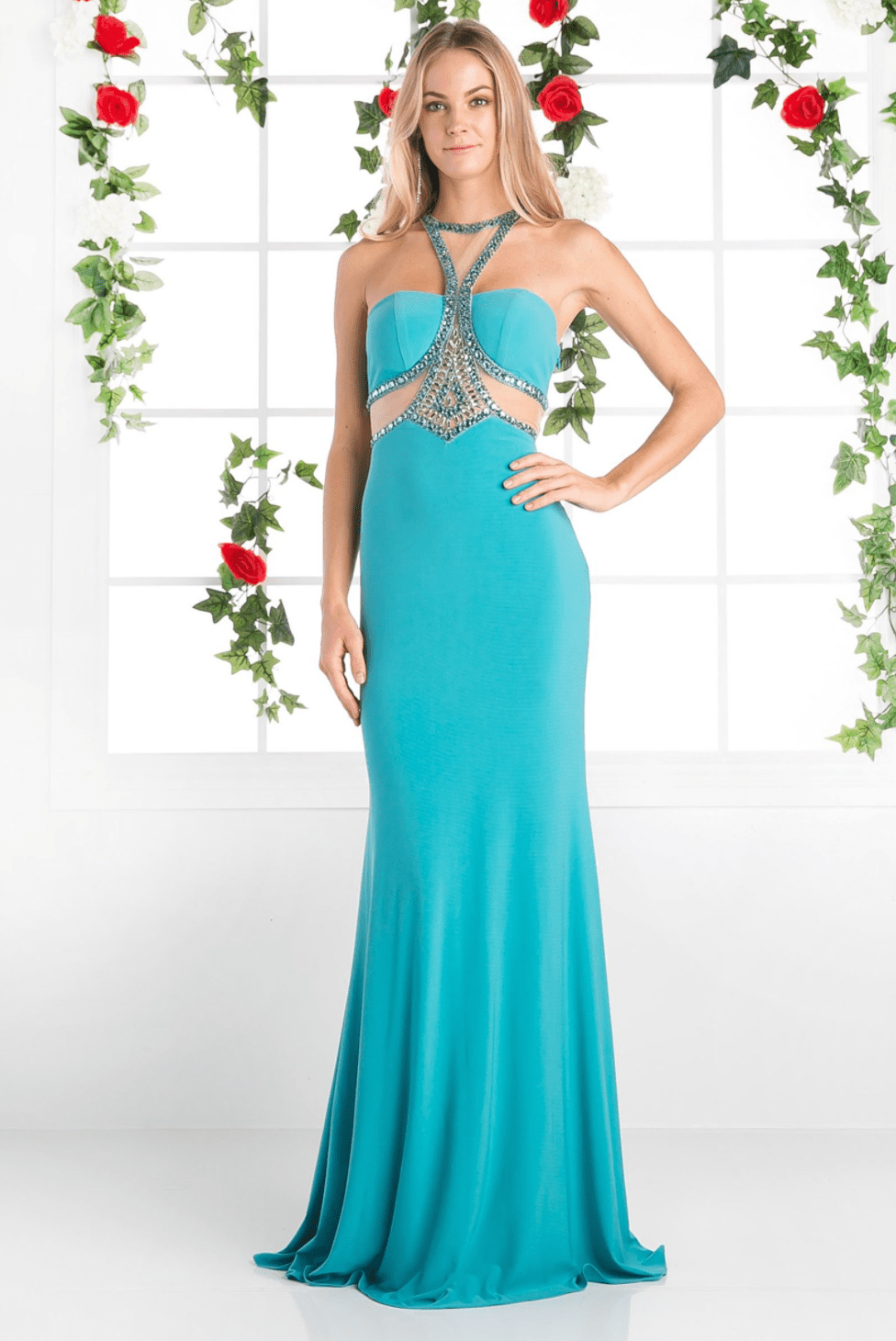 Beaded Jade Chiffon Sheath Dress by Cinderella Divine - NORMA REED