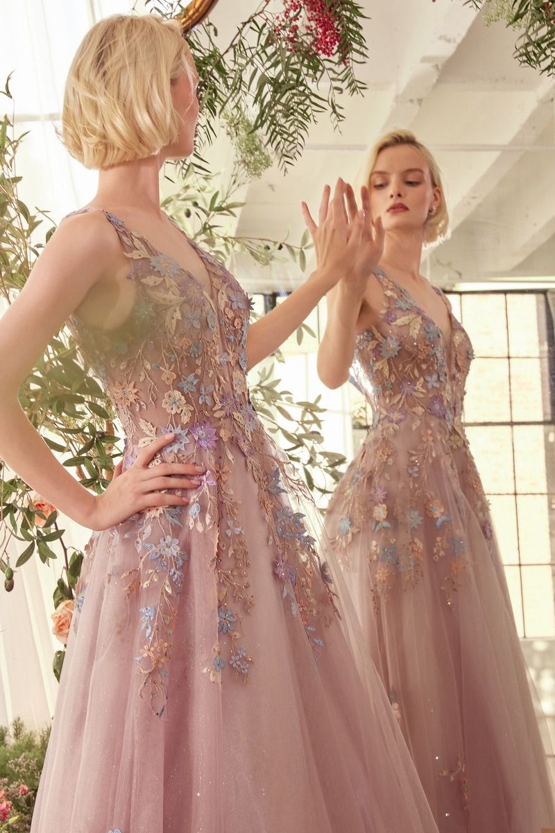 Andrea & Leo A1394 Mauve Floral A Line Gown