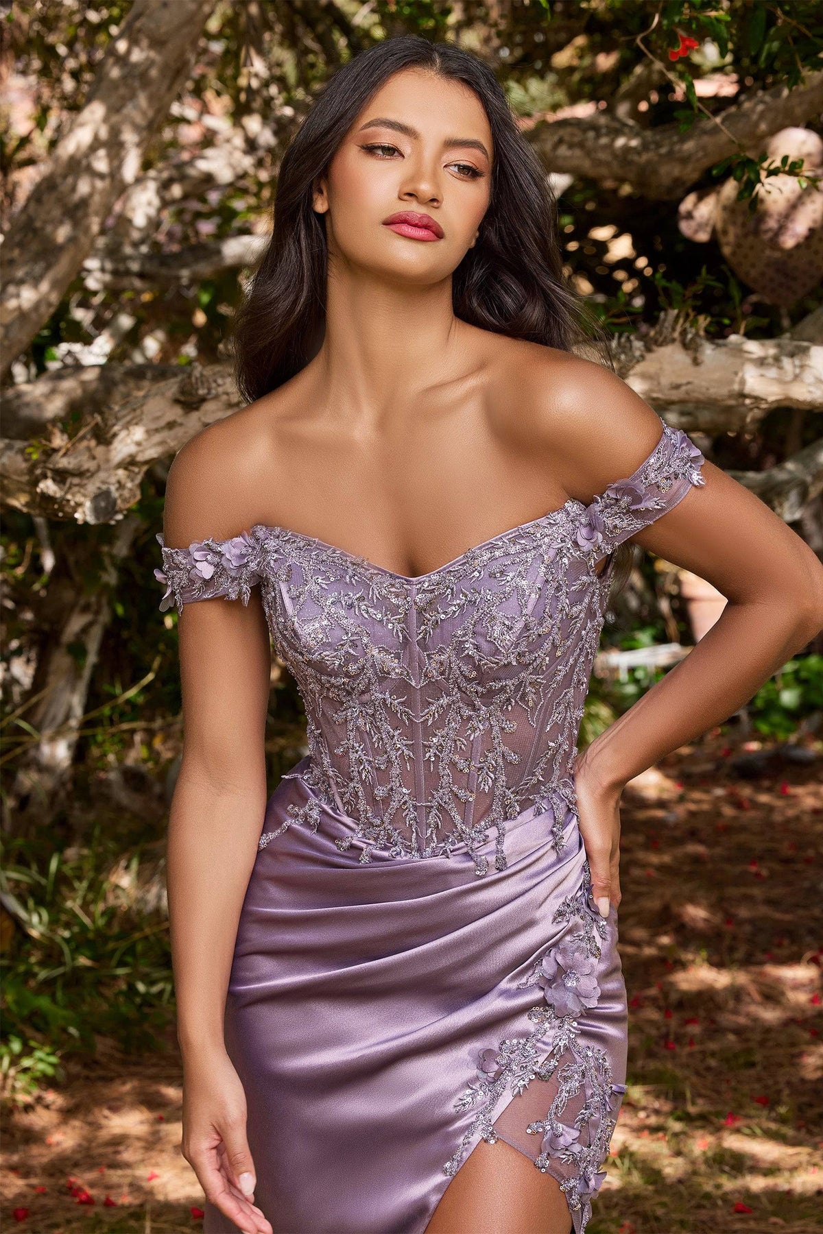 Cinderella Divine CD0186 Ladivine Off Shoulder Corset Slit Leg Dress - NORMA REED