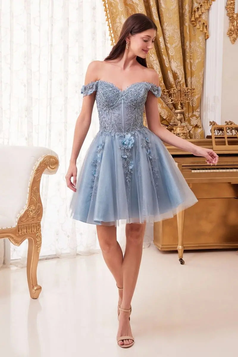 Cinderella Divine CD0194 Sparkling Lace Off Shoulder Short Dress