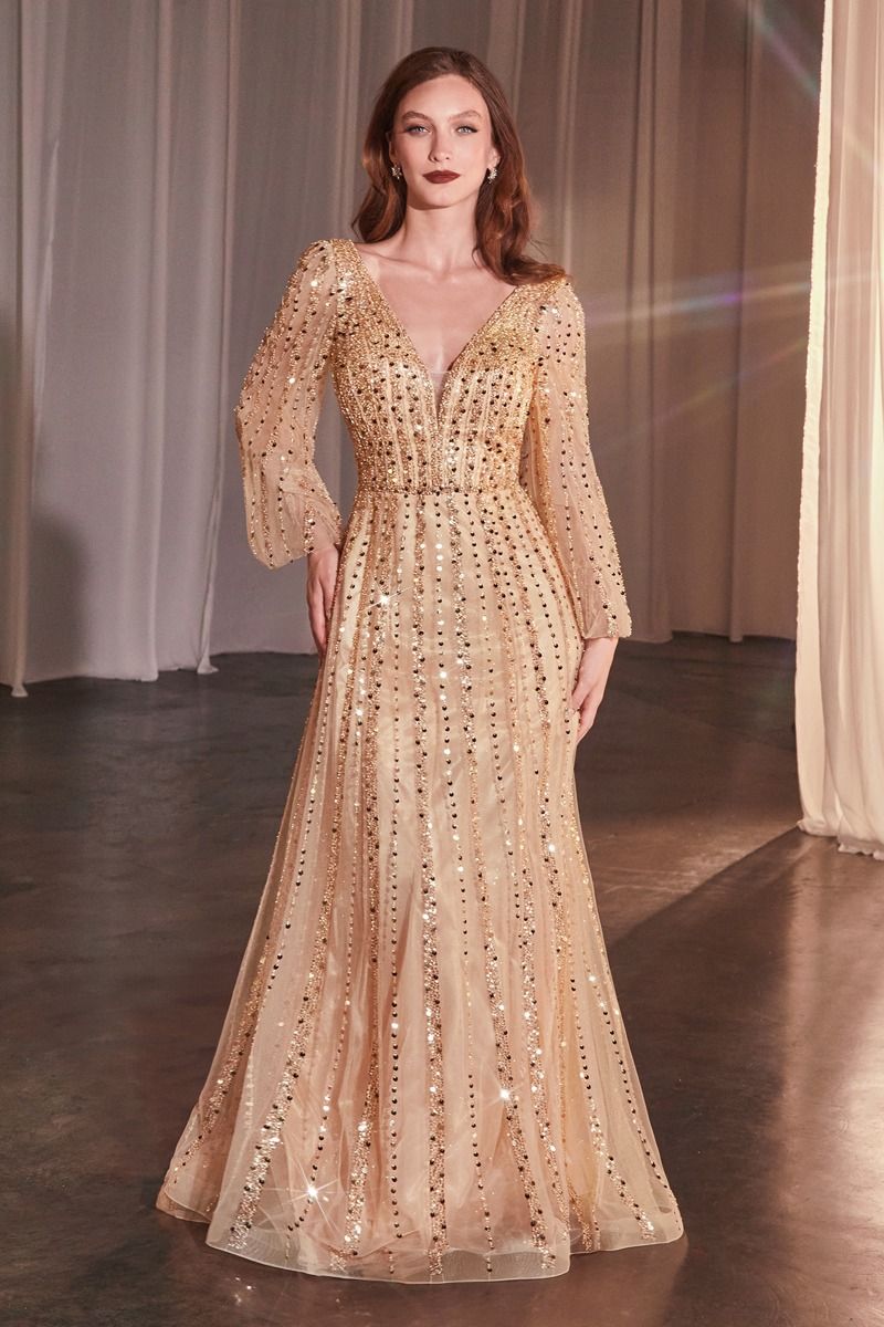 Ladivine CD0240 Long Sleeve A Line Beaded Dress - NORMA REED