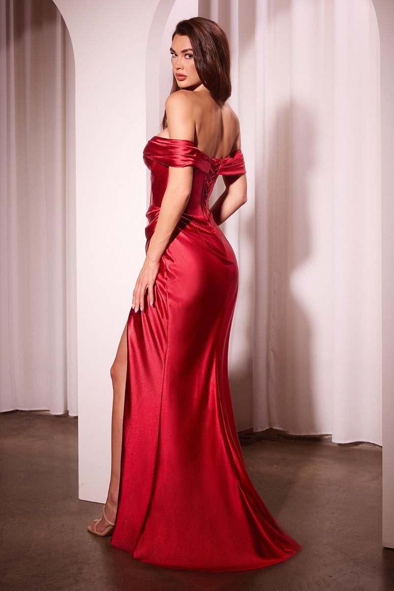 Ladivine CD370 Satin Off Shoulder Fitted Slit Leg Dress - NORMA REED