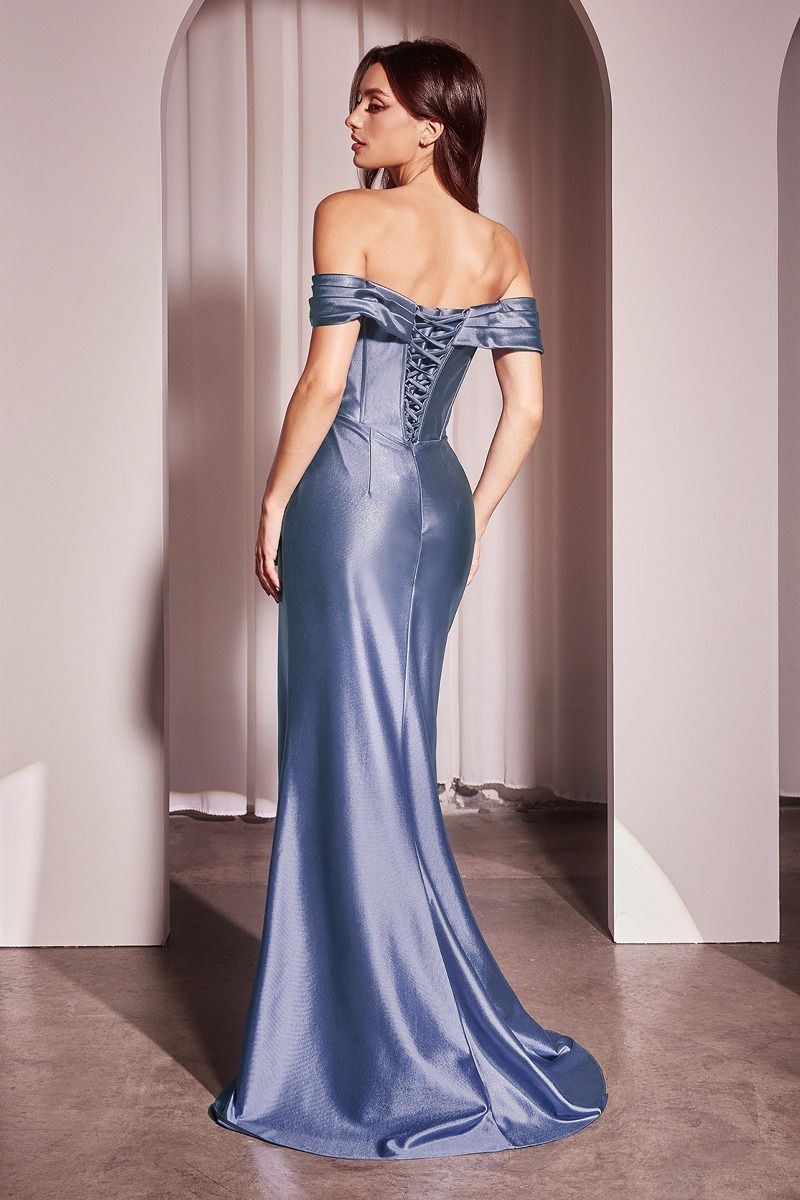 Ladivine CD370 Satin Off Shoulder Fitted Slit Leg Dress - NORMA REED