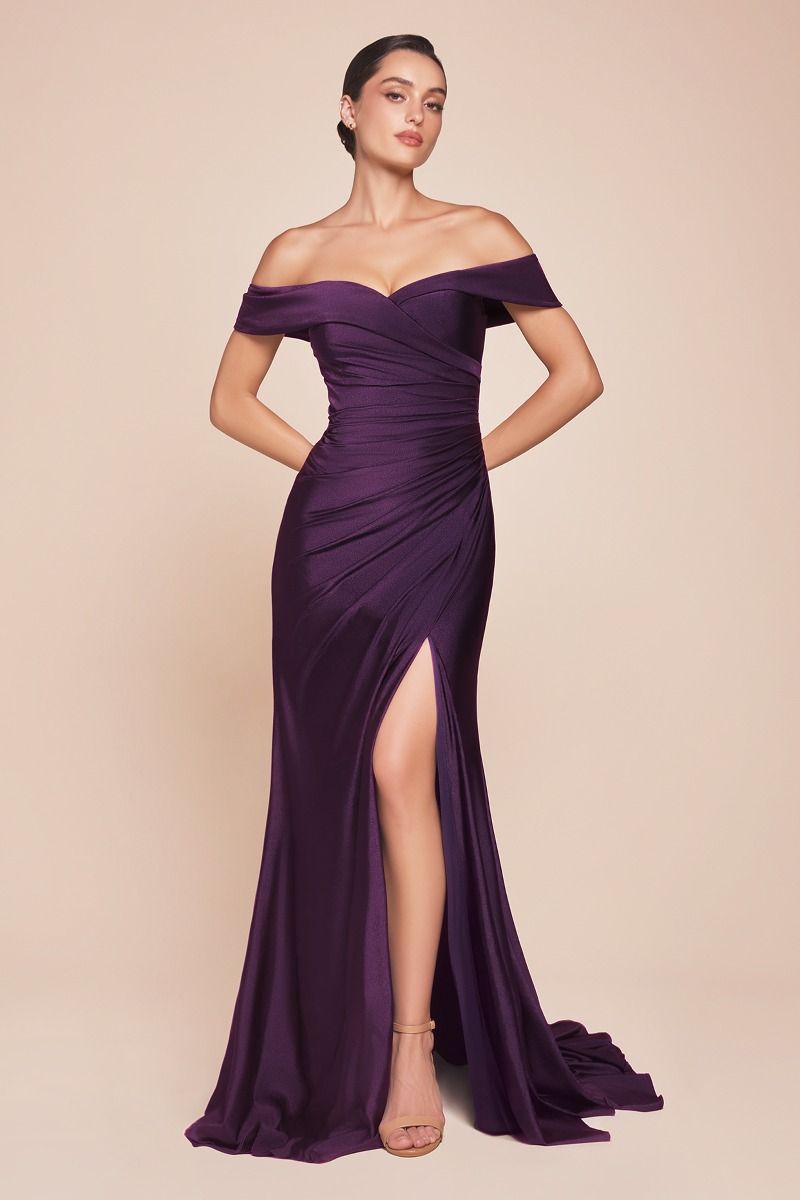 Ladivine CD790C Off Shoulder Stretch Spandex Satin Leg Slit Dress - NORMA REED