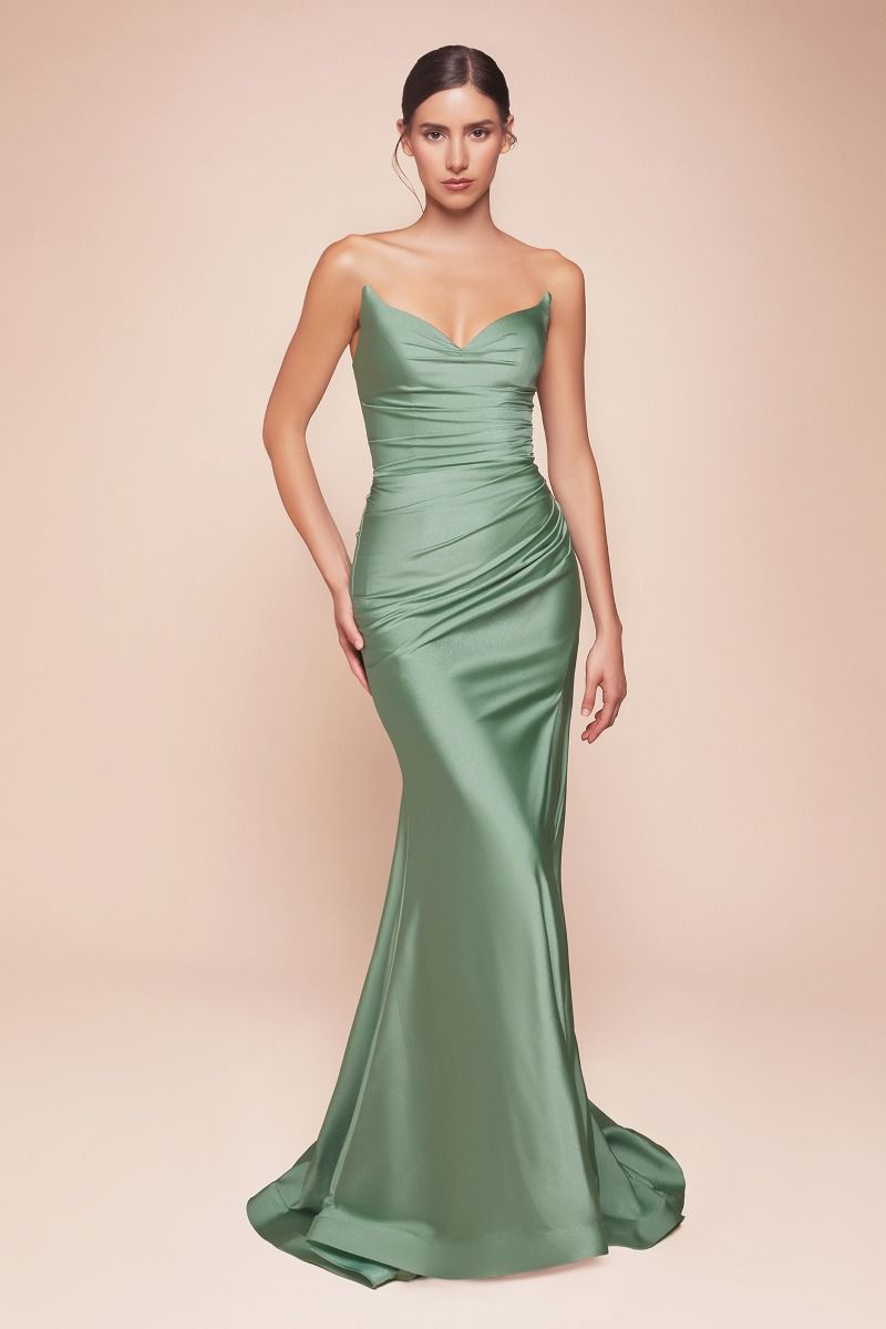 Ladivine CD791 Strapless Stretch Spandex Satin V Neck Dress - NORMA REED