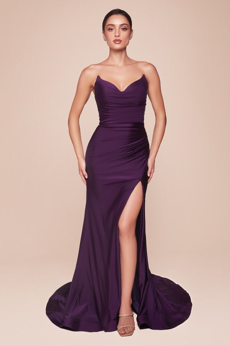 Ladivine CD791 Strapless Stretch Spandex Satin V Neck Dress - NORMA REED