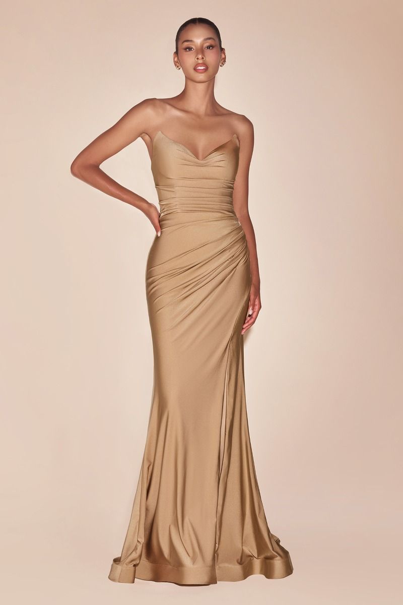 Ladivine CD791 Strapless Stretch Spandex Satin V Neck Dress - NORMA REED